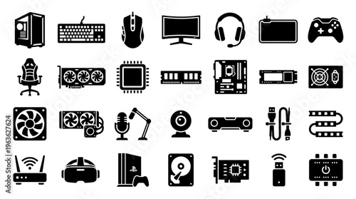 Collection of modern computer hardware and gaming accessories icons for technology and gaming enthusiasts