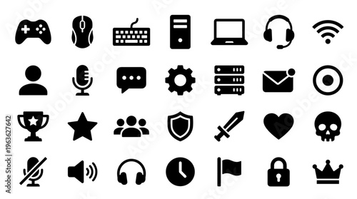 Collection of gaming and technology icons representing digital entertainment and online communication symbols for web design and apps
