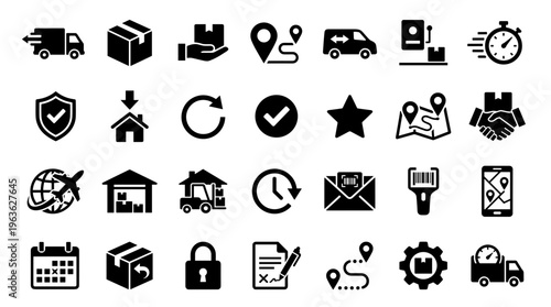 Logistics and delivery service icons set with truck package tracking and shipping symbols for transportation and supply chain management concepts