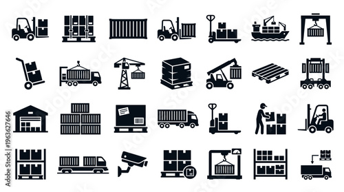 Logistics and Supply Chain Icons Set Warehouse Delivery Transportation and Cargo Icons for Business and Industry Concepts