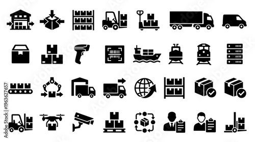 Logistics and supply chain icons set representing warehousing transportation delivery and shipping operations with modern technology integration