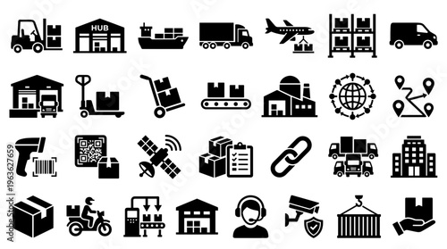 Logistics and supply chain icons representing global shipping transportation warehousing and delivery services for e-commerce and business operations