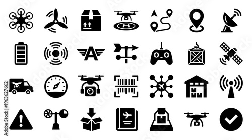 Drone technology icons set for delivery logistics and aerial services innovation