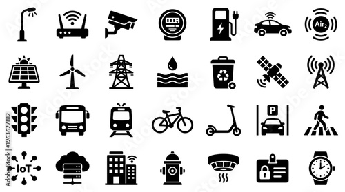Collection of modern smart city technology icons representing connectivity innovation and urban infrastructure development