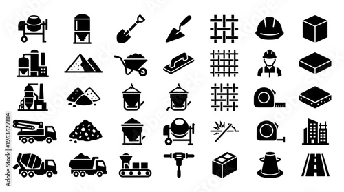 Collection of construction industry icons and symbols representing building materials equipment and processes for engineering and development projects