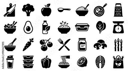 Healthy food icons collection with fresh ingredients and kitchen tools for healthy eating and cooking lifestyle