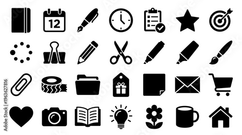 Collection of black icons representing office supplies, stationery, and common symbols for business and creativity on a white background