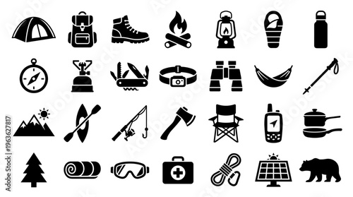 Collection of camping and outdoor adventure equipment icons for hiking travel and survival gear illustrations
