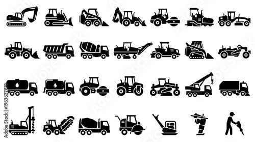 Collection of construction and industrial machinery icons and illustrations representing heavy equipment used in building and infrastructure projects