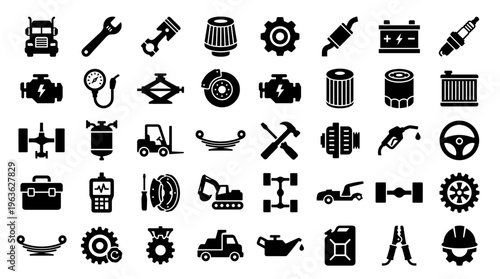 Collection of automotive and mechanical repair parts and tools icons for service and maintenance industry
