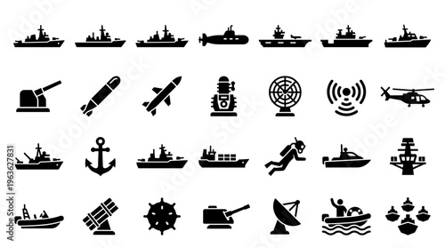 Collection of military naval and defense icons representing ships submarines weapons and technology for strategic operations and security concepts