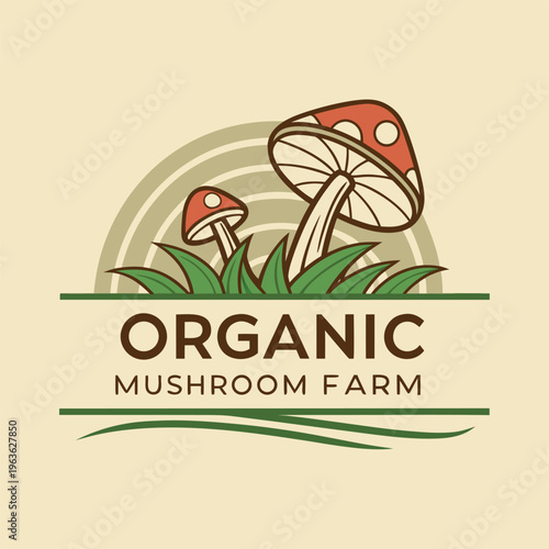 Organic mushroom farm logo with red mushrooms and grass