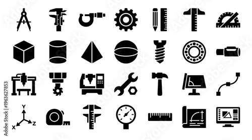 Engineering and Manufacturing Icons Set representing precision tools, geometric shapes, machinery, and technical drawings for industry and design concepts