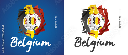 Abstract Belgium national flag ribbon soccer ball sport icon label banner handwritten typography lettering