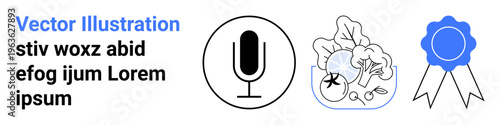 Audio recording, creativity, recognition, artistic design, communication, achievement. Black microphone, abstract shapes and a blue award badge icon. Audio recording and creativity