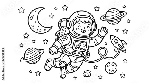 Smiling astronaut in space suit floating.