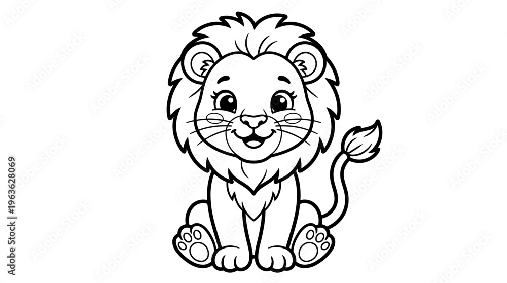Naklejka premium Cute Lion Cub Sitting Alone Smiling.