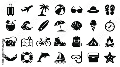 Collection of diverse travel and vacation icons representing summer holidays and leisure activities including transportation accommodation and beach essentials