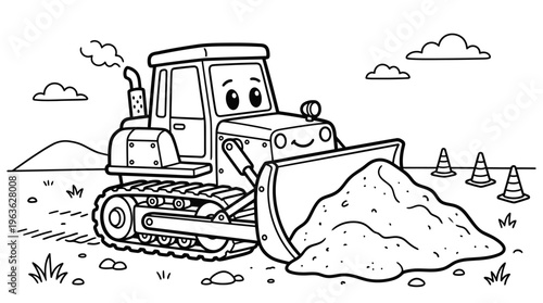 Smiling cartoon bulldozer with big eyes.