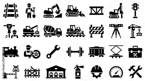 Construction and Industry Icons Set: Tools Vehicles Equipment and Workers for Building and Engineering Projects