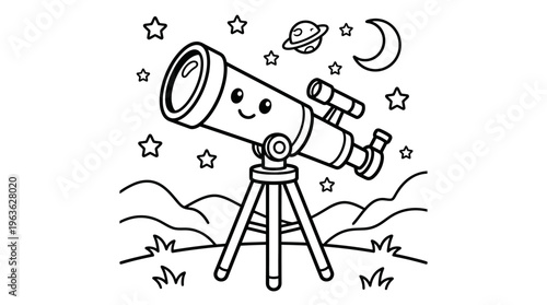 Smiling telescope with starry night sky.