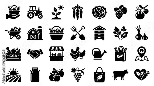 Collection of farm and agriculture icons representing healthy food production, rural life, and organic farming concepts