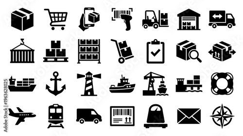 Logistics icons set representing shipping delivery transportation warehousing and supply chain management concepts