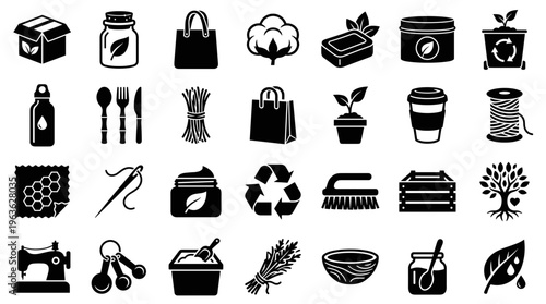 Collection of eco friendly product icons and symbols for sustainable living and organic goods packaging design