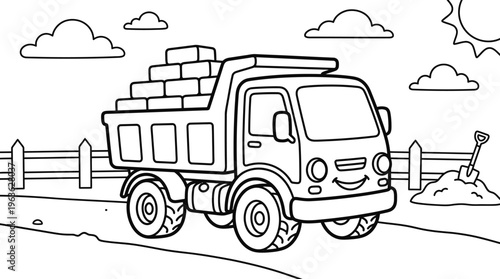 Coloring book illustration of truck.