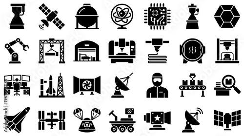 Collection of futuristic technology and industry icons representing innovation, manufacturing, space exploration, and scientific advancement