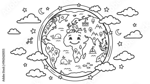 Black and white illustration earth globe.