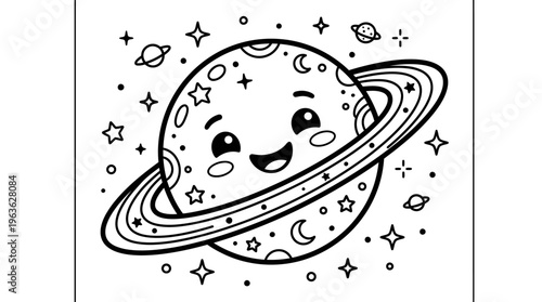 Smiling Cartoon Planet with Ring System.
