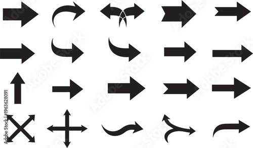 Collection of various black arrows and symbols on white background