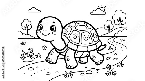 Smiling turtle with spiral shell design.