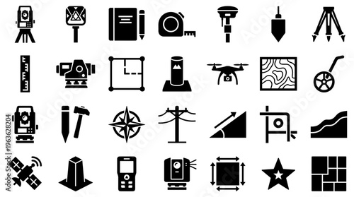 Collection of surveying and construction tools icons representing precision measurement engineering and architectural design for land development and site planning