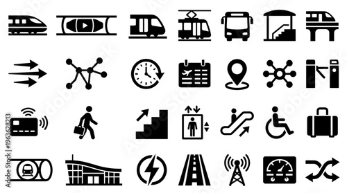 Collection of public transportation and travel icons representing various modes of transit and related services for modern urban mobility concepts