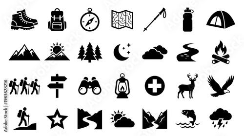Collection of hiking and outdoor adventure icons representing camping, navigation, nature, and survival gear for travel and exploration themes