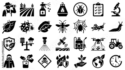 Agriculture technology icons set for modern farming pest control and crop management innovation in sustainable organic growth