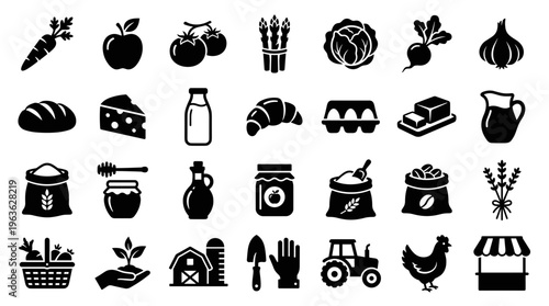 Collection of farm fresh food icons including fruits vegetables dairy eggs bread and farm animals representing healthy eating and organic produce