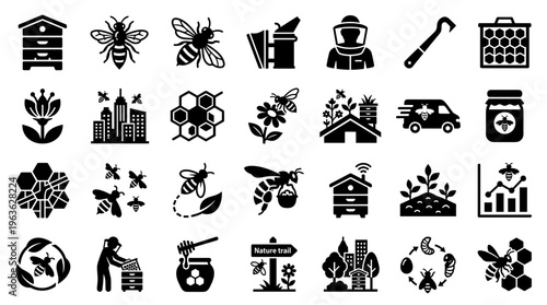 Collection of beekeeping and honey production icons representing apiary management, bee health, urban farming, and natural resources