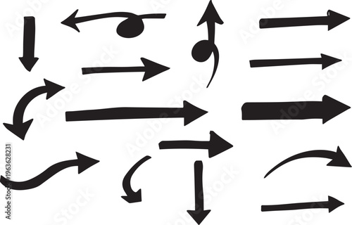 Collection of black arrows pointing in various directions on white background