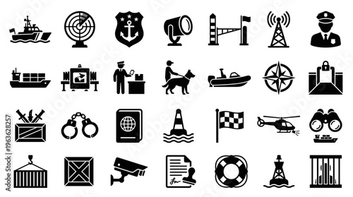 Collection of security and border control icons representing customs, law enforcement, and surveillance for international travel and safety