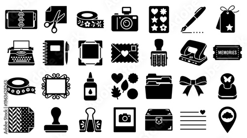Collection of crafting and scrapbooking icons and symbols for creative projects and journaling, black and white design