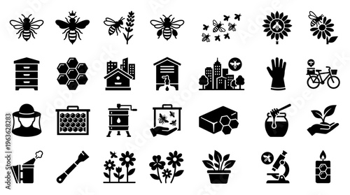 Collection of beekeeping and honey production icons representing bees hives flowers and beekeeping equipment for agriculture and nature themes