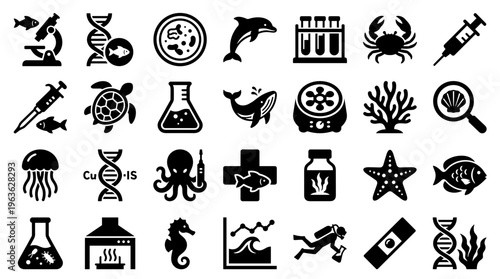 Diverse Collection of Marine Biology and Scientific Research Icons Representing Ocean Life and Laboratory Studies
