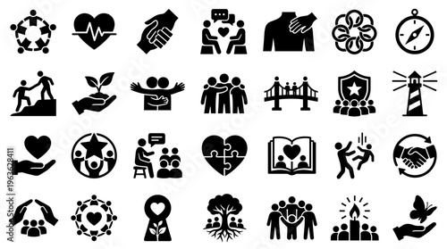 Collection of diverse icons symbolizing community support teamwork collaboration human connection and positive relationships in a modern graphic style