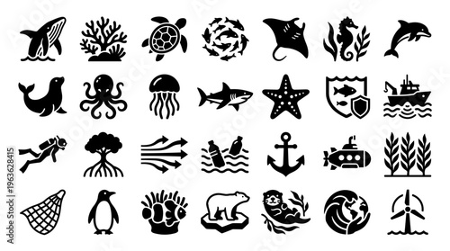 Collection of marine life and environmental protection icons representing ocean conservation and biodiversity awareness