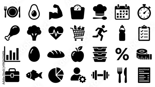 Healthy Lifestyle Icons Representing Diet Fitness Nutrition Exercise and Wellness Concepts