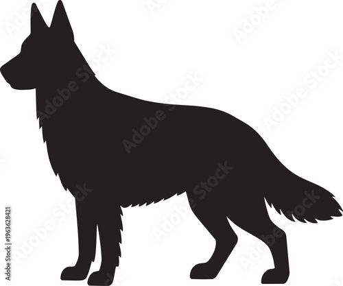 Loyal Shadow: A sleek silhouette of a German Shepherd dog in a strong pose, its form a testament to loyalty and companionship, against a plain canvas. 