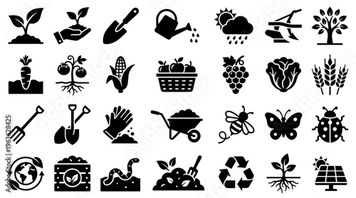 Collection of agriculture and farming icons representing growth, cultivation, and sustainability with plants, tools, and natural elements